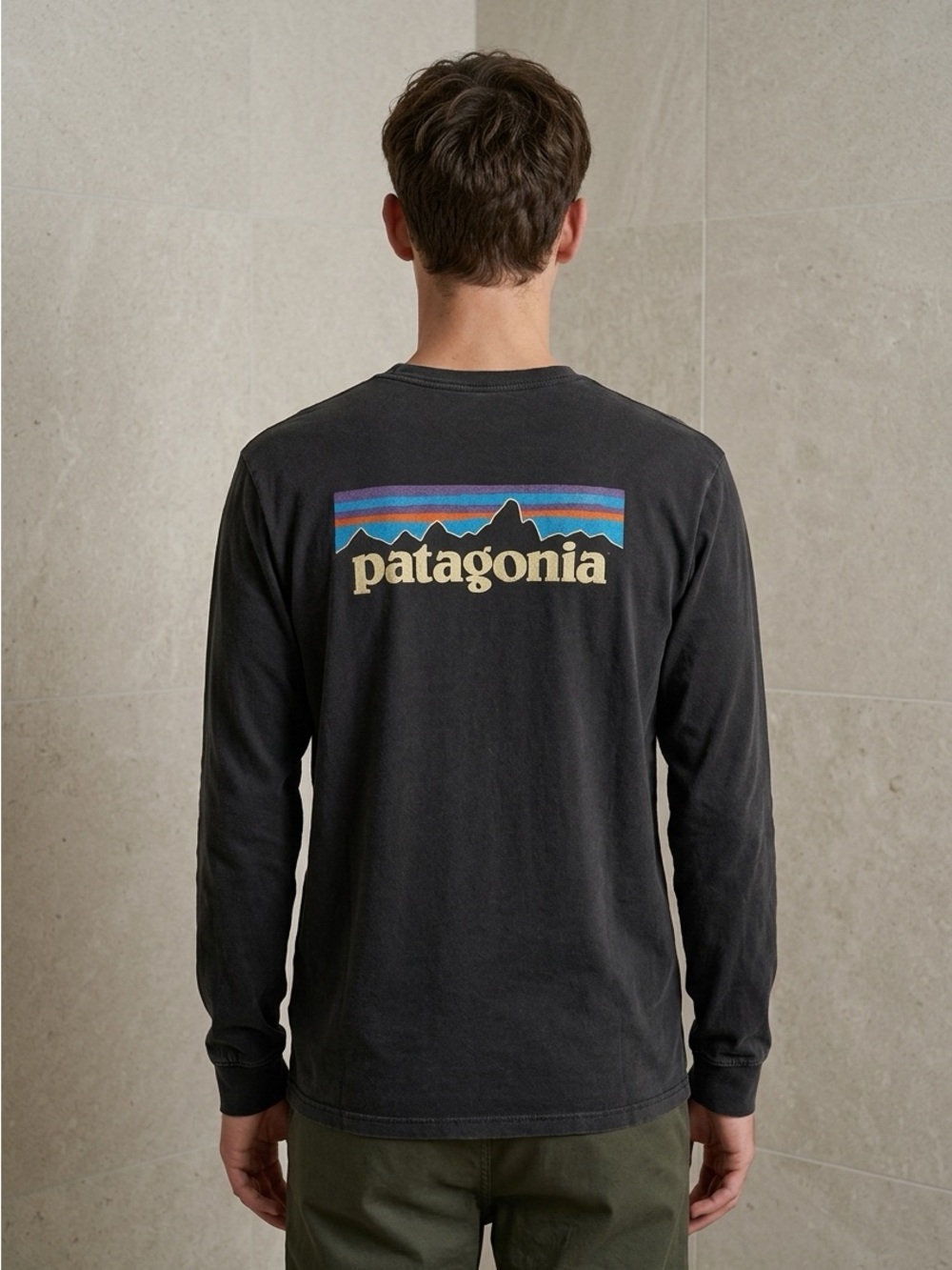 Patagonia Navy Long-Sleeve Logo Tee with Multicolor Stripe